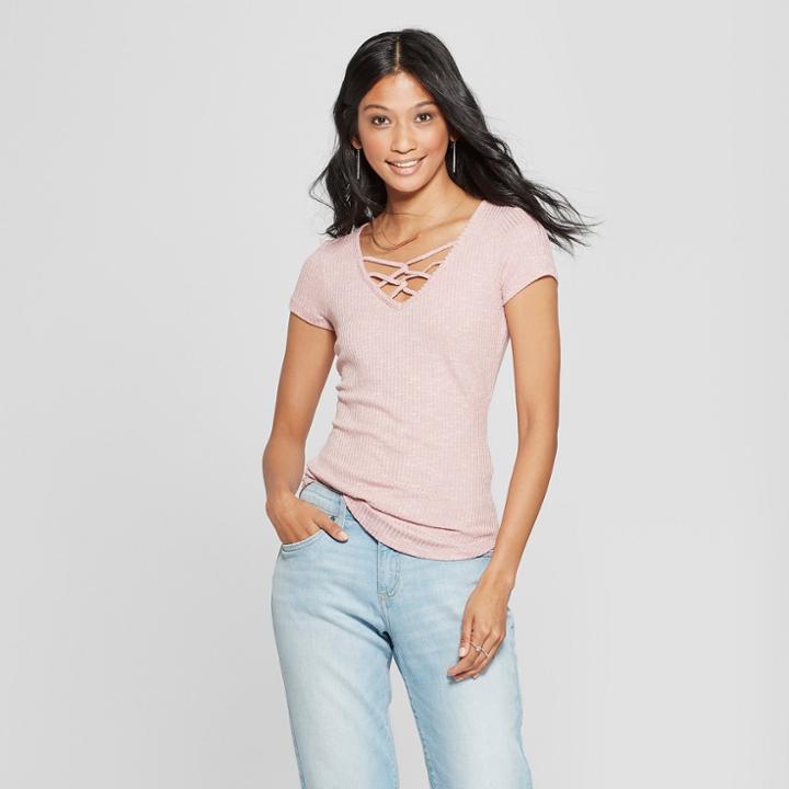 Women's Short Sleeve Lace-up Neckline Marled Slub T-shirt - Almost Famous (juniors') Mauve
