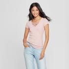 Women's Short Sleeve Lace-up Neckline Marled Slub T-shirt - Almost Famous (juniors') Mauve