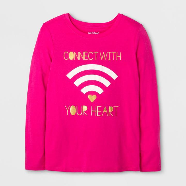 Girls' Long Sleeve Connect With Your Heart Graphic T-shirt - Cat & Jack Hot Pink