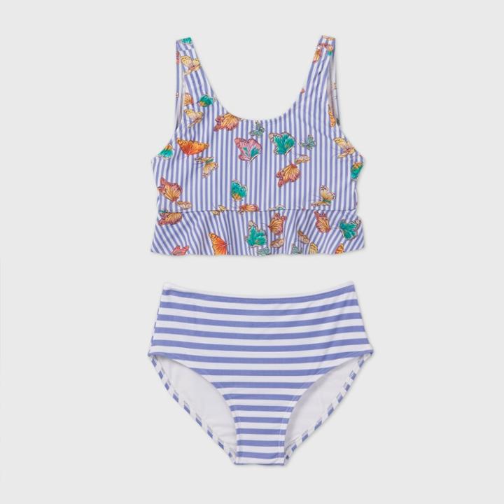 Girls' Butterfly Escape Striped Tankini Set - Art Class Blue