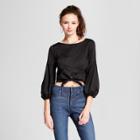 Women's Long Sleeve Poplin Tie Front Blouse - Necessary Objects Black