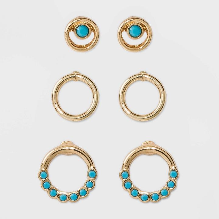 Trio Post Hoop Earrings - A New Day Turquoise/gold