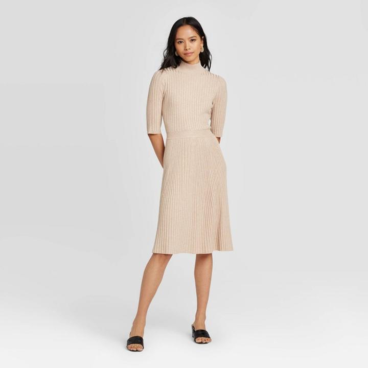 Women's Elbow Sleeve Crewneck Flat Rib Dress - Who What Wear Beige