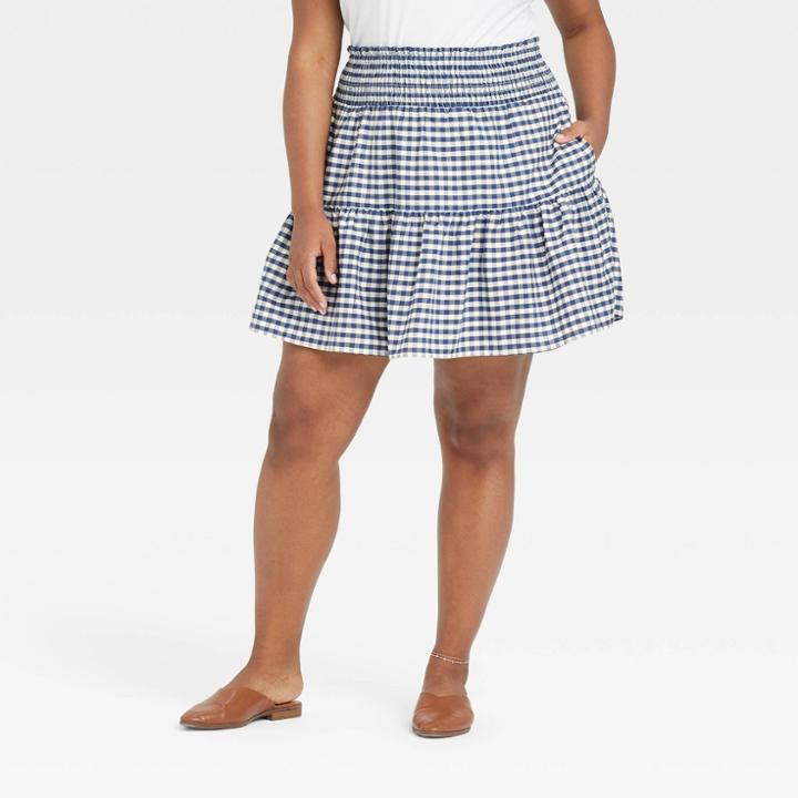 Women's Plus Size High-rise Tiered Mini A-line Skirt - Universal Thread Gingham Check Blue