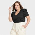 Women's Plus Size Puff Short Sleeve V-neck Top - A New Day Black