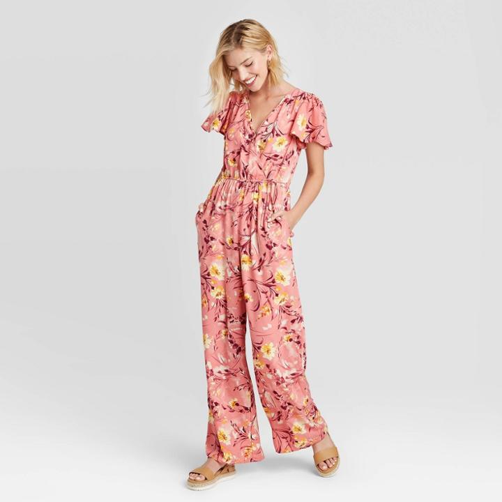 Women's Floral Print Short Sleeve Deep V-neck Wrap Jumpsuit - Xhilaration Rose Xxl, Women's, Pink