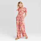Women's Floral Print Short Sleeve Deep V-neck Wrap Jumpsuit - Xhilaration Rose Xxl, Women's, Pink