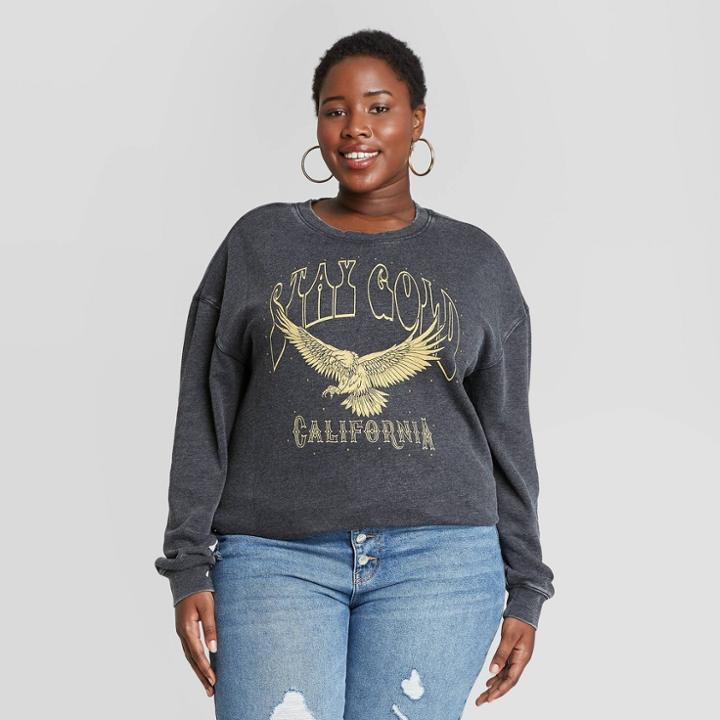 Zoe+liv Women's Plus Size Stay Gold California Graphic Sweatshirt - Charcoal