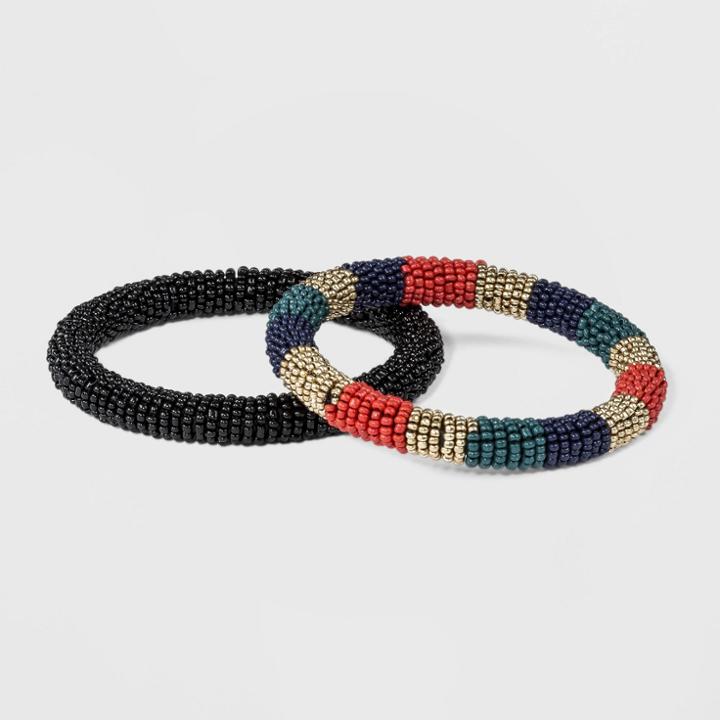 Seed Bead Bangle With Color Block Detail Bracelet Set 2ct - A New Day,