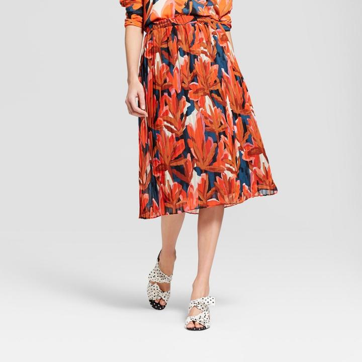 Women's Tropical Print Pleated Skirt - Who What Wear Orange/blue L, Orange/blue Tropical Print