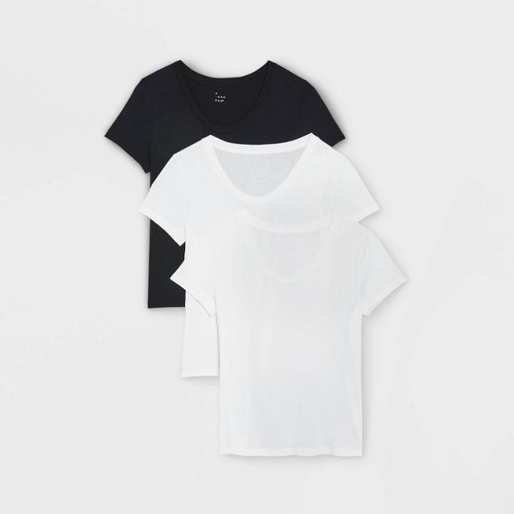 Women's Short Sleeve Scoop Neck Slim Fit 3pk Bundle T-shirt - A New Day White/white/black