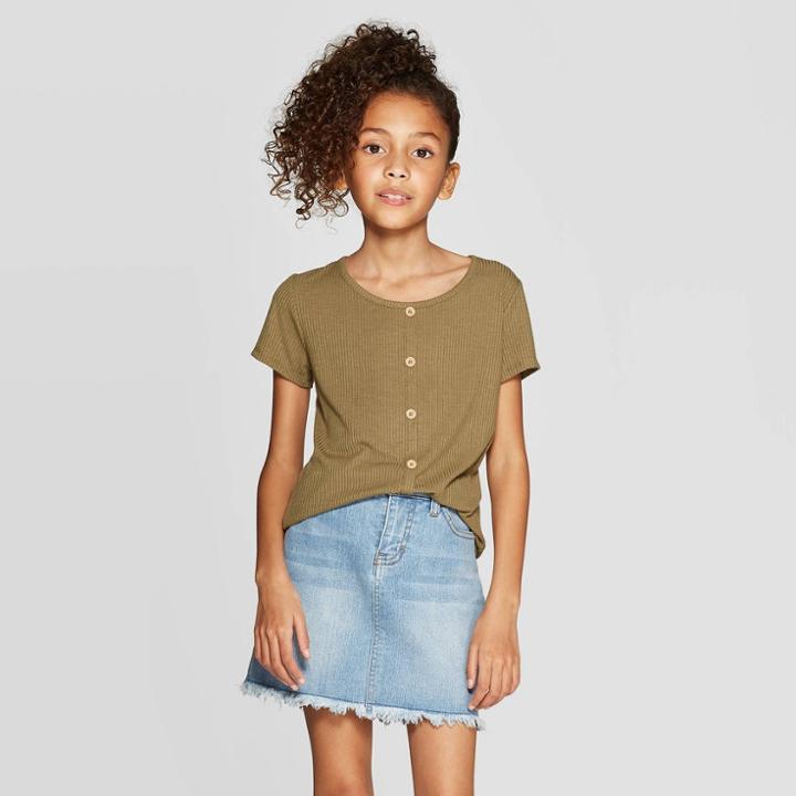 Girls' Rib Button Front T-shirt - Art Class Olive (green)