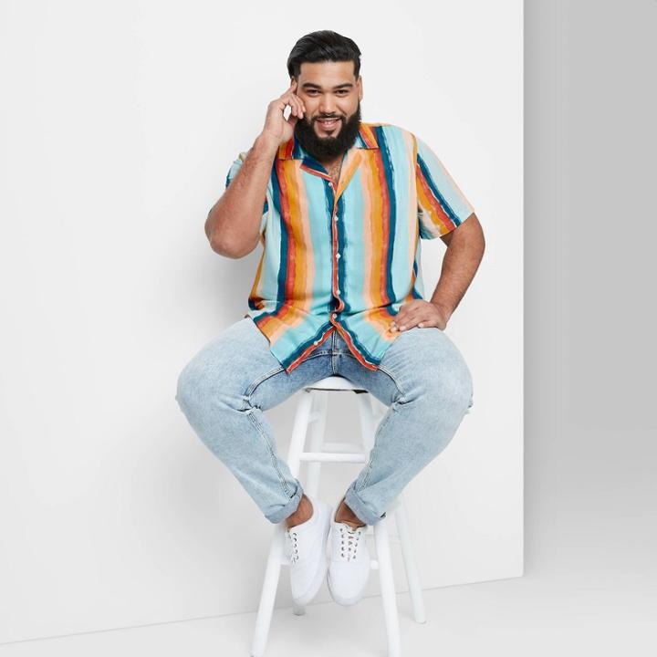 Men's Big & Tall Painted Striped Print Button-down Shirt - Original Use Aqua/stripe
