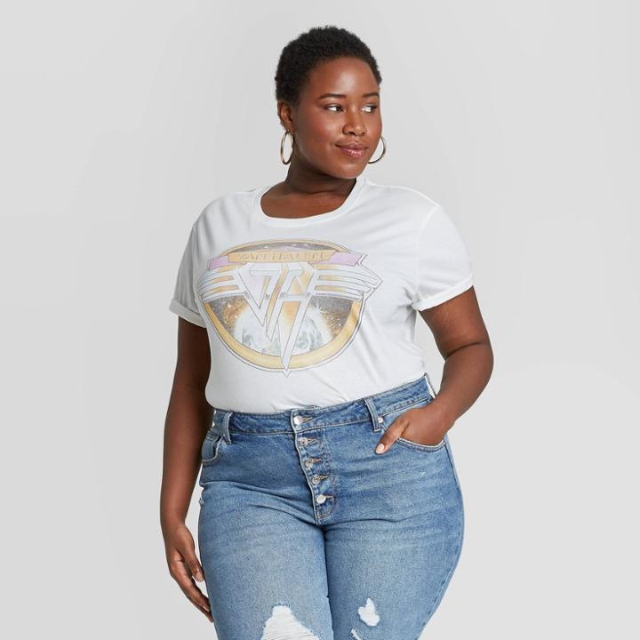 Live Nation Women's Plus Size Van Halen Logo Short Sleeve Graphic T-shirt - White