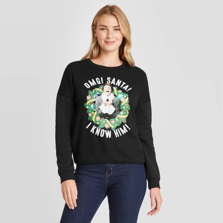 Women's Elf! Omg Santa! Holiday Light Up Graphic Sweatshirt - Black
