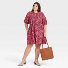 Women's Plus Size Floral Print Puff Elbow Sleeve Babydoll Dress - Universal Thread Pink