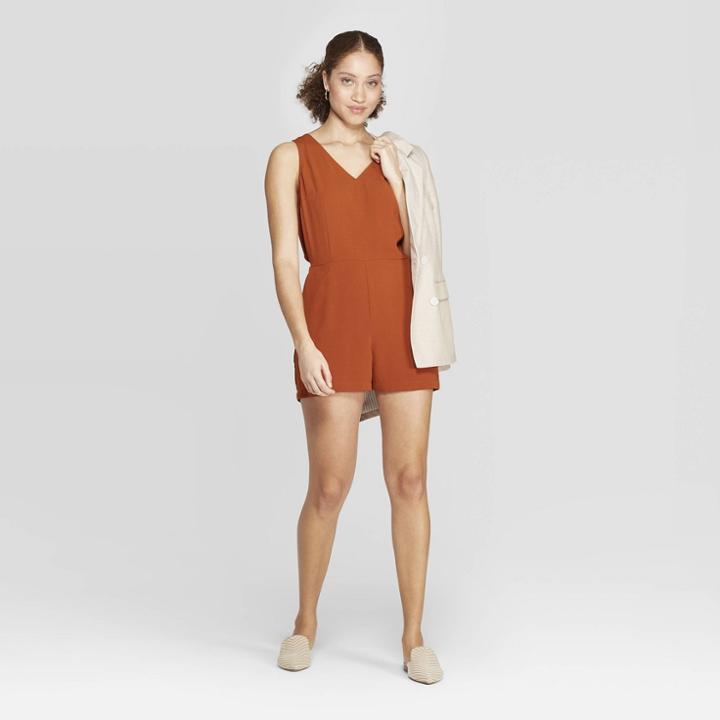 Women's Sleeveless V-neck Rompers - A New Day Rust (red)