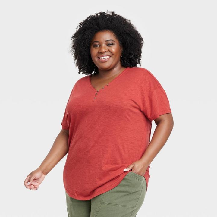 Women's Plus Size Short Sleeve Henley Tunic T-shirt - Knox Rose Dark Red