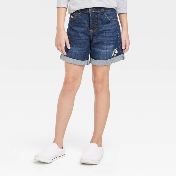 Girls' Embroidered Midi Jean Shorts - Cat & Jack Dark Wash