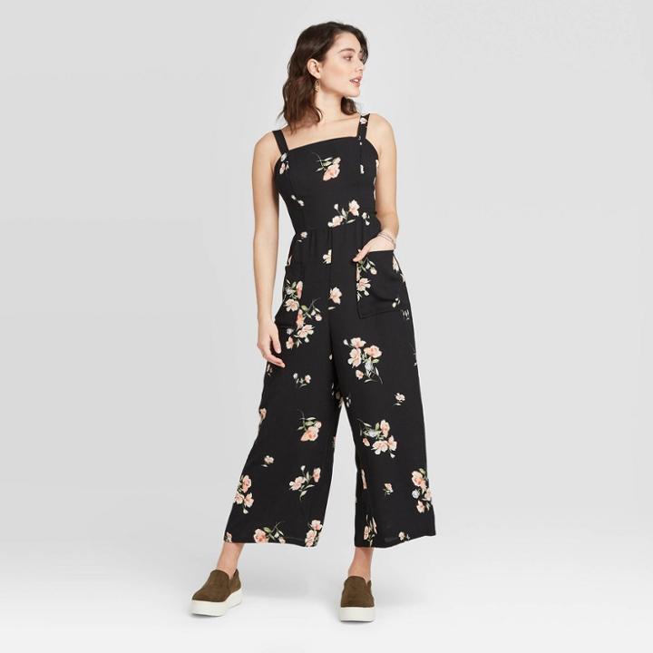 Women's Floral Print Sleeveless Square Neck Cropped Jumpsuit - Xhilaration Black