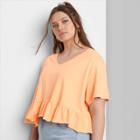 Women's Plus Size Short Sleeve V-neck Peplum Cropped T-shirt - Wild Fable Blush Peach