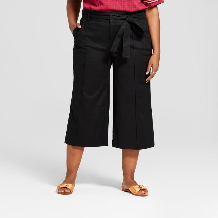 Women's Plus Size Tie-front Woven Pants - Ava & Viv Black
