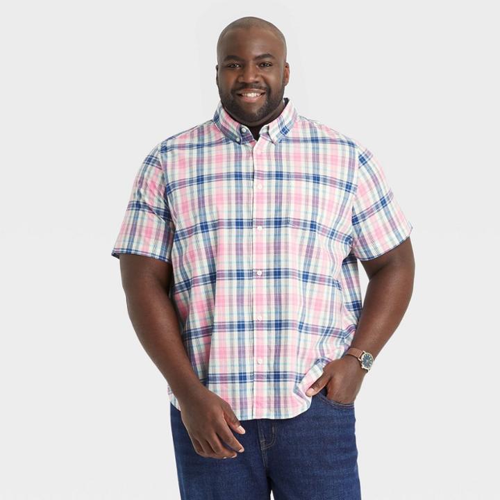 Men's Tall Plaid Standard Fit Short Sleeve Button-down Shirt - Goodfellow & Co Lily White/plaid