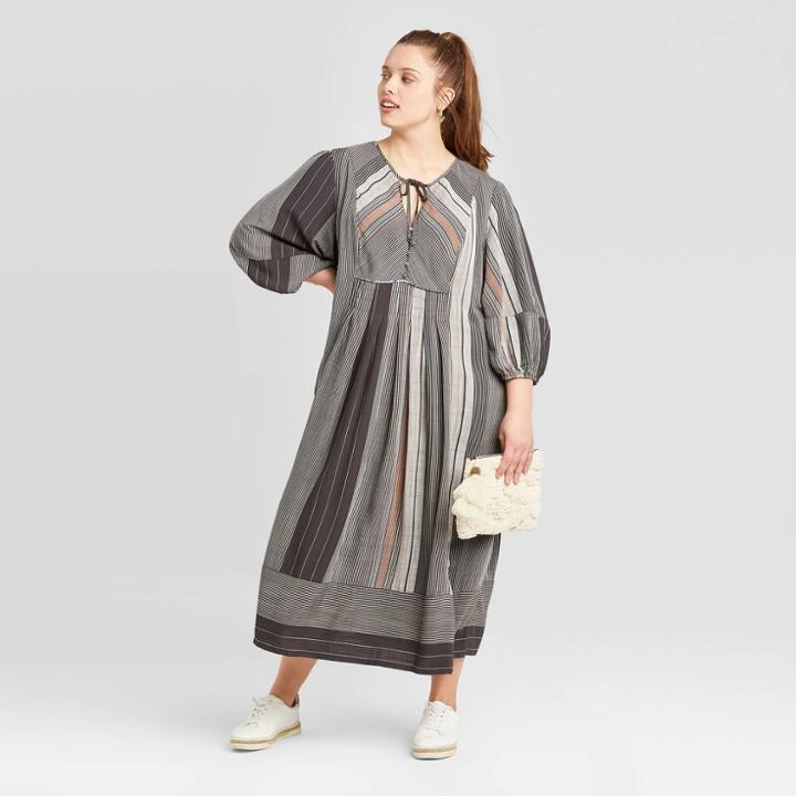 Women's Plus Size Striped Long Sleeve V-neck Midi Dress - Universal Thread 1x, Women's, Size: 1xl,