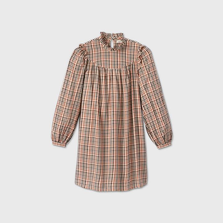 Women's Plaid Long Sleeve Ruffle Dress - A New Day Brown