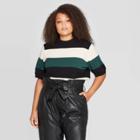 Women's Plus Size Striped Short Sleeve Crewneck Pullover Sweater - Who What Wear Black