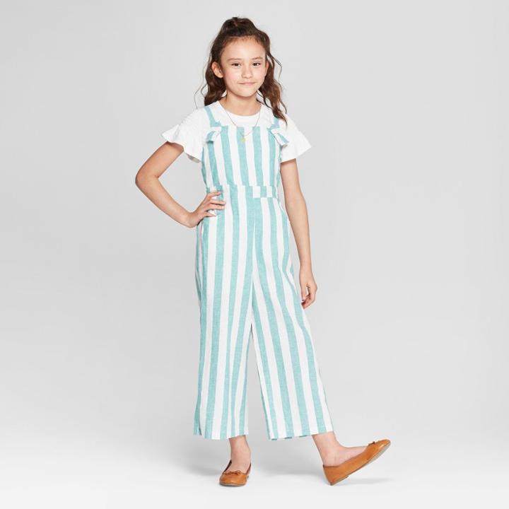 Girls' Vertical Stripe Tie Back Romper - Cat & Jack Green