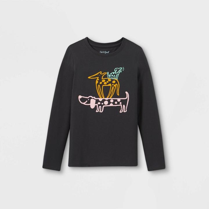 Girls' Long Sleeve Dogs Graphic T-shirt - Cat & Jack Charcoal Gray