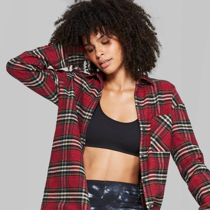 Women's Plaid Long Sleeve Button-down Heavy Weight Flannel Shirt - Wild Fable Red/navy