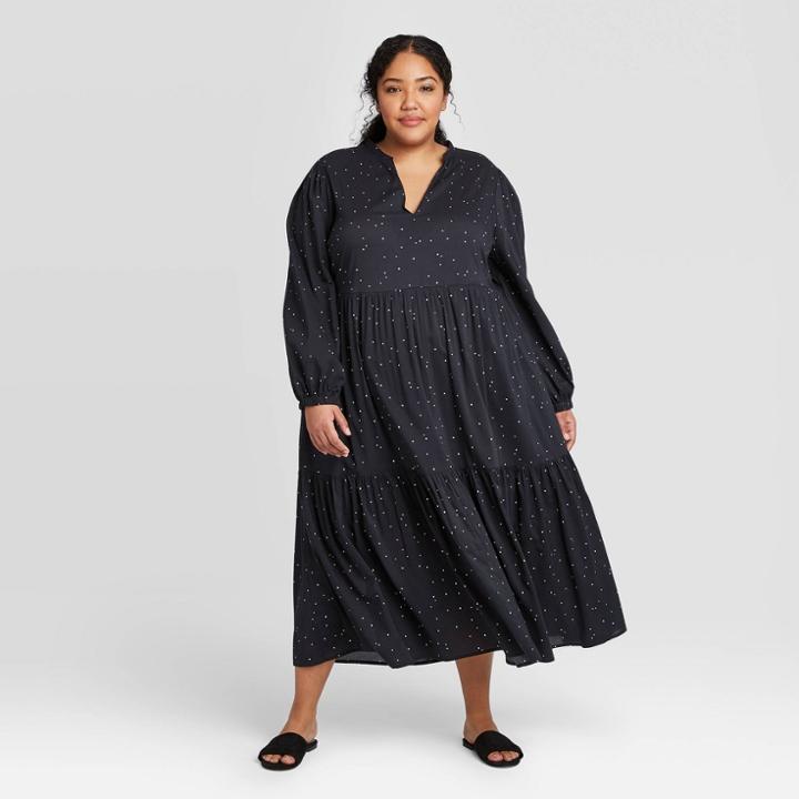 Women's Plus Size Polka Dot Long Sleeve Deep Tiered Flowy Dress - Who What Wear Black 1x, Women's,