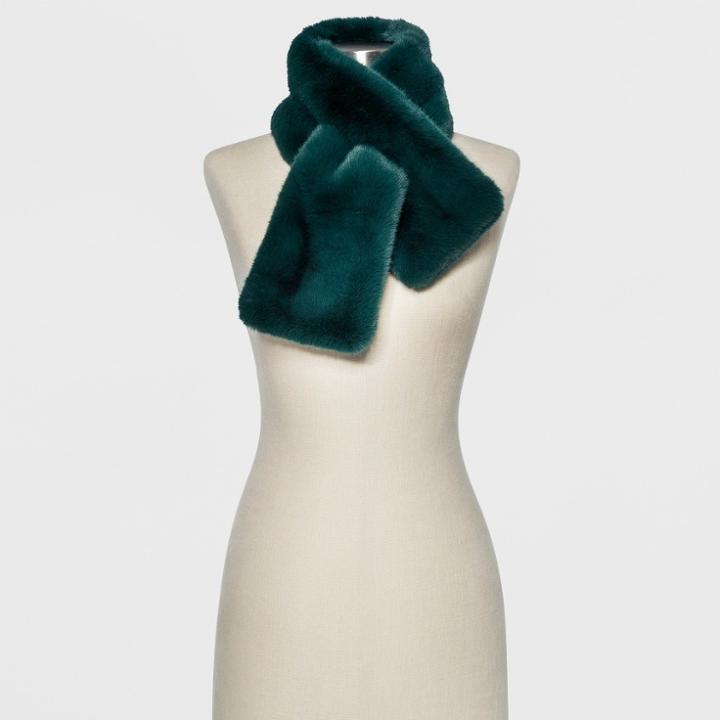 Women's Mini Faux Fur Pull Through Scarf - A New Day Green