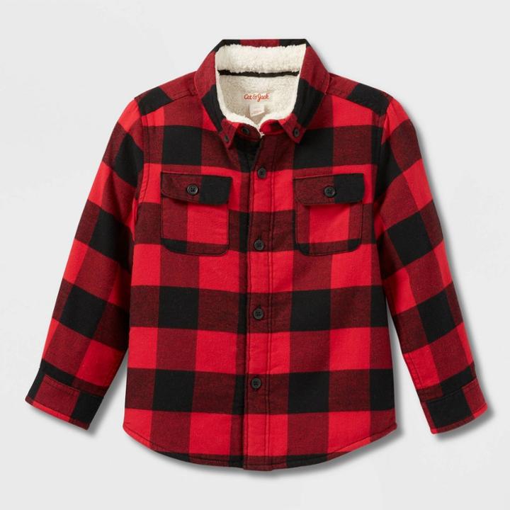 Toddler Boys' Faux Shearling Lined Flannel Long Sleeve Button-down Shirt - Cat & Jack Red