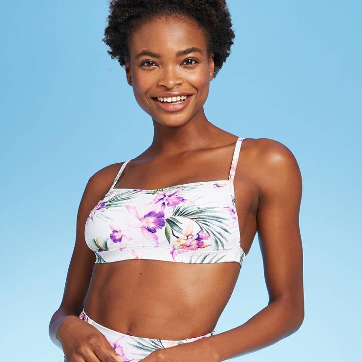 Women's Square Neck Bralette Bikini Top - Xhilaration White Floral D/dd Cup, Women's