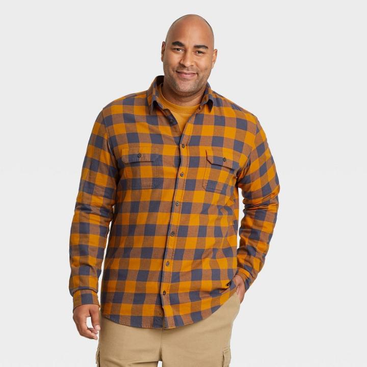 Men's Tall Plaid Standard Fit Long Sleeve Button-down Shirt - Goodfellow & Co Centennial Gold/plaid