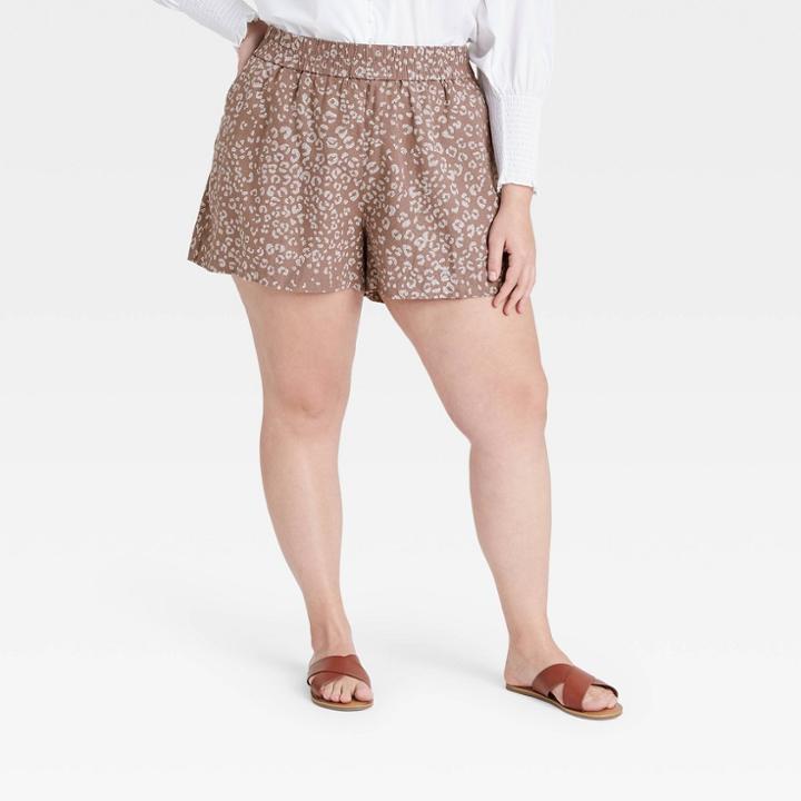 Women's Plus Size Leopard Print High-rise Pull-on Shorts - A New Day Brown