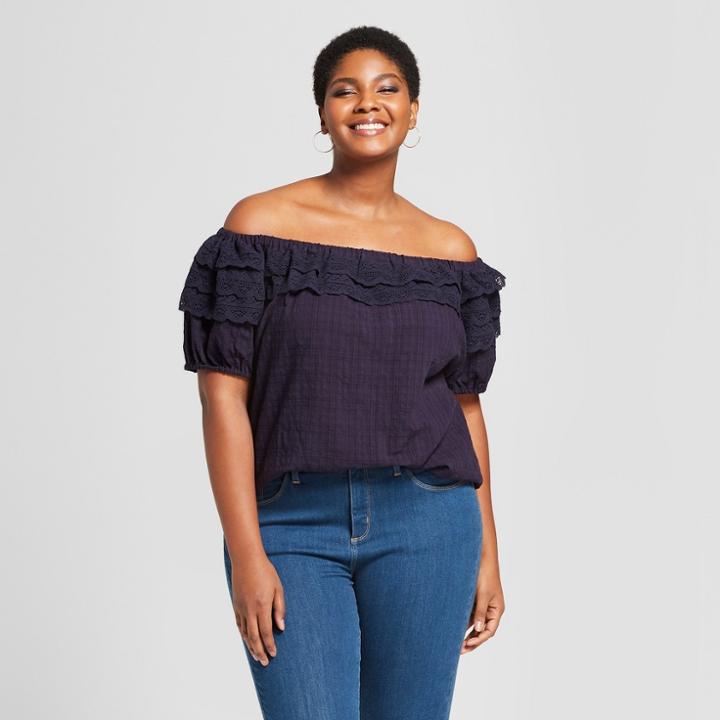 Women's Plus Size Lace Off The Shoulder Short Sleeve Top - Ava & Viv Navy (blue)