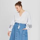 Women's Plus Size Striped Long Sleeve Embroidered Blouse - Who What Wear Blue X, Blue