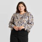 Women's Plus Size Floral Print Long Sleeve Blouse - A New Day Gray