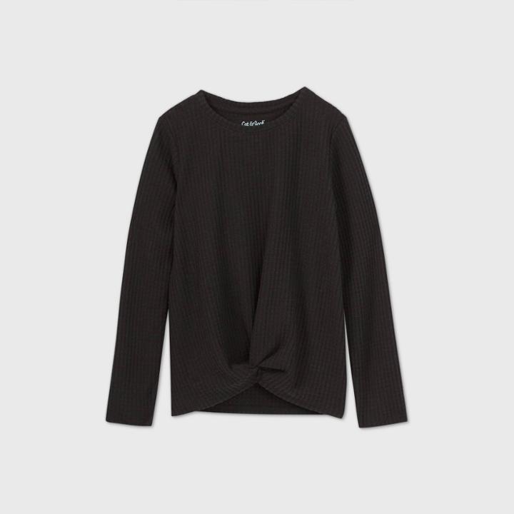 Girls' Long Sleeve Waffle Cozy Pullover T-shirt - Cat & Jack Black