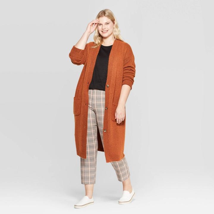 Women's Plus Size Long Sleeve Open Layering Duster Cardigan - Ava & Viv Rust 3x, Women's,