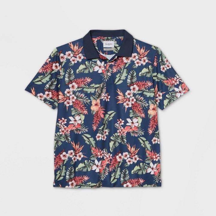 Men's Floral Print Big & Tall Standard Fit Short Sleeve Collared T-shirt - Goodfellow & Co Orange