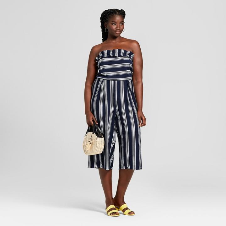 Women's Plus Size Striped Strapless Jumpsuit - Xhilaration Navy/cream