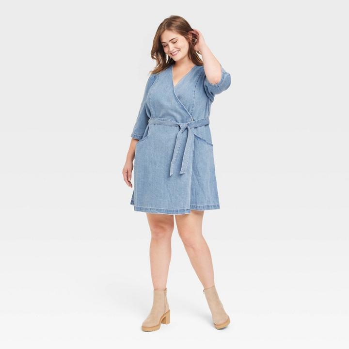 Women's Plus Size Puff Short Sleeve Denim Wrap Dress - Universal Thread Medium Wash 4x,