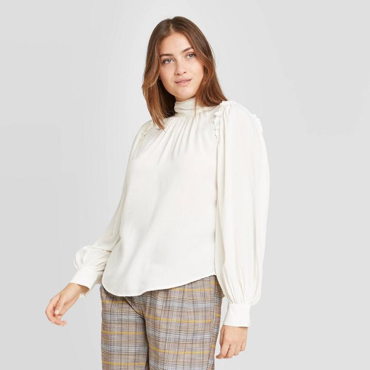 Women's Ruffle Long Sleeve Blouse - A New Day Cream