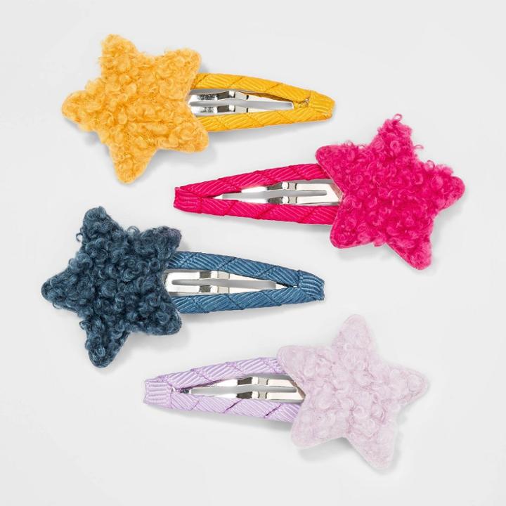 Girls' 4pk Sherpa Star Snap Hair Clips - Cat & Jack
