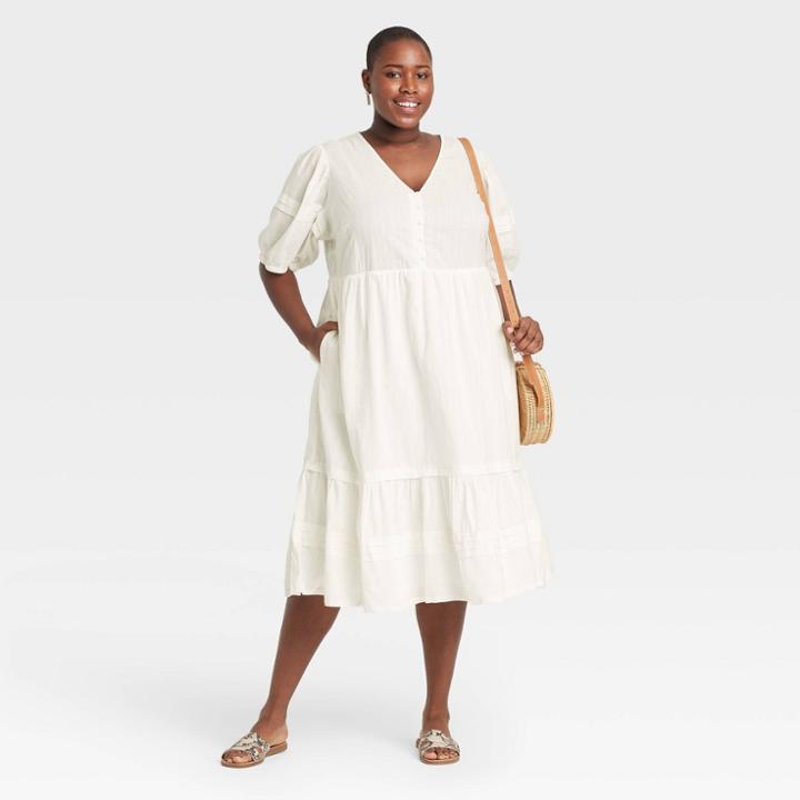 Women's Plus Size Puff Elbow Sleeve Dress - Universal Thread White